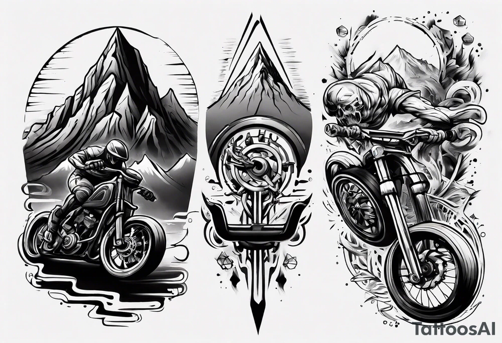 flexed bicep with road bicycle and a mountain tattoo idea