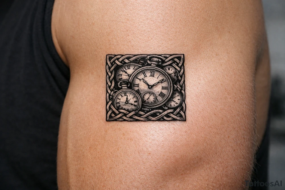 Vintage pocket watches scattered and overlapping, framed by bold, dark Celtic braids, black and grey realism. tattoo idea