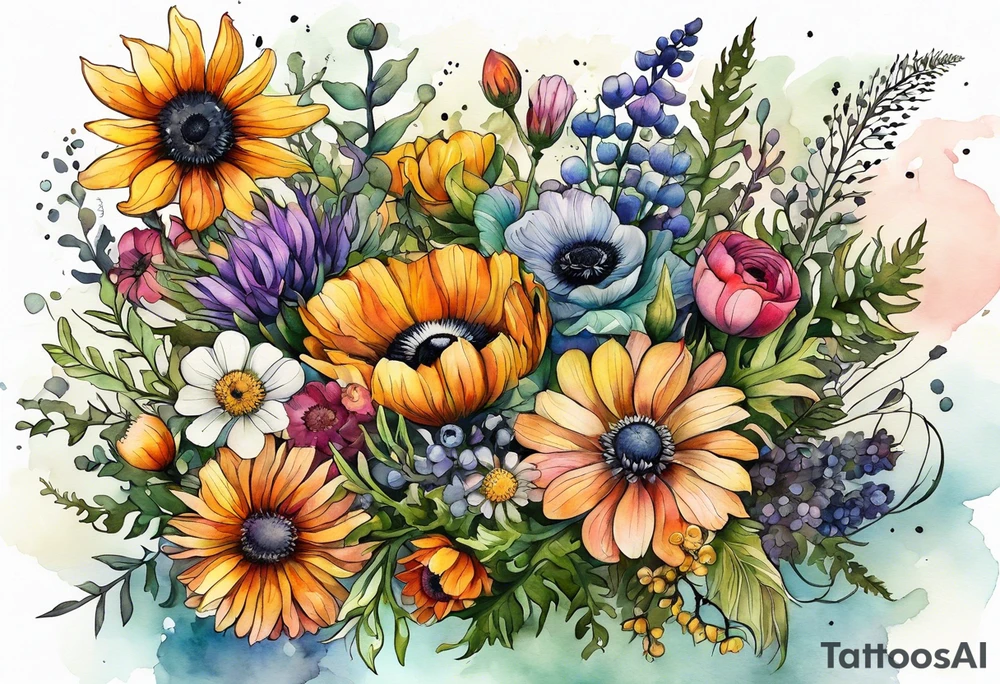 wildflowers with thistles, ferns, ranuculus, white anemones with black center, sun flowers, mixed color flowers and different shapes all in watercolor tattoo idea