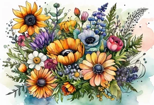 wildflowers with thistles, ferns, ranuculus, white anemones with black center, sun flowers, mixed color flowers and different shapes all in watercolor tattoo idea