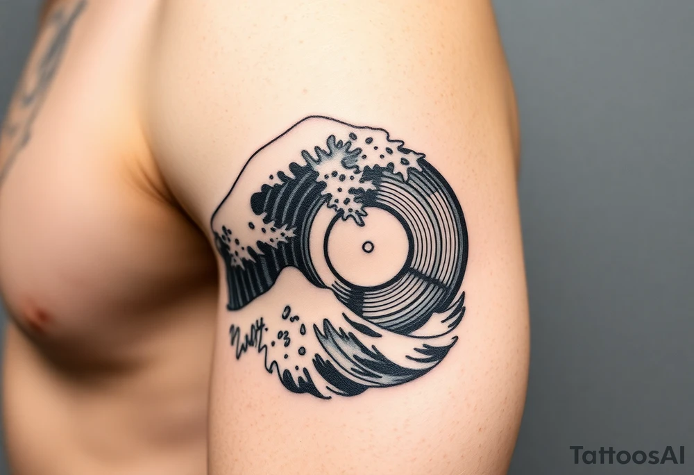 waves crashing into a vinyl record tattoo idea