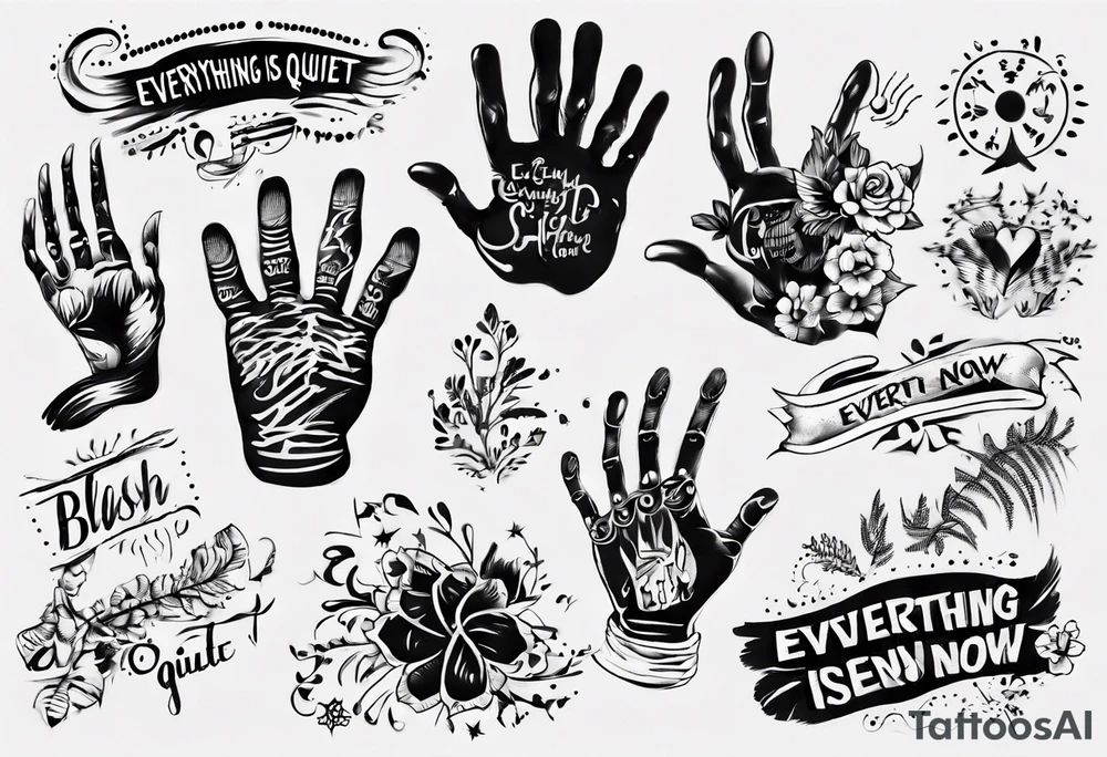 Handprint with words “Everything is Quiet Now” tattoo idea