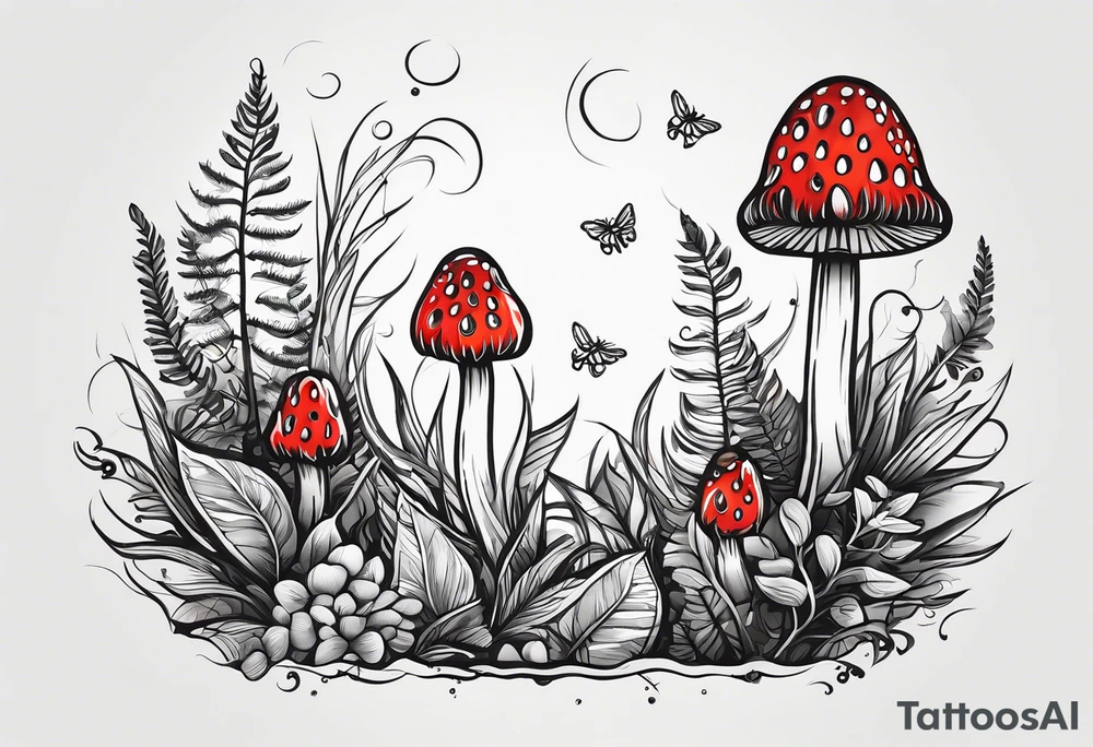 forest floor inspired tattoo, which includes grass, curly ferns and dead leaves as the bulk of the tattoo. details to include: three  tiny strawberries, couple of very small mushrooms, a tiny bumblebee flying nearby tattoo idea