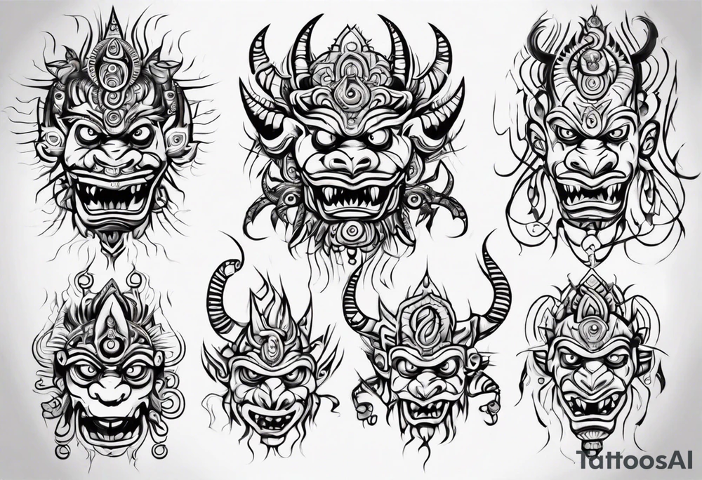 Hindu monster with connecting lines going out of it tattoo idea