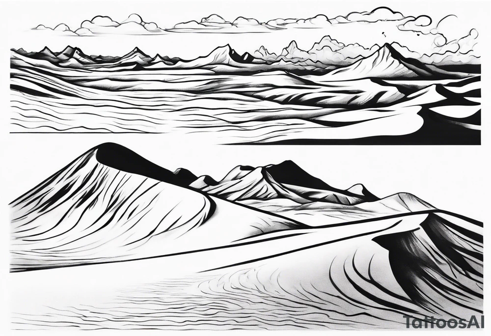 "Design a tattoo depicting a distant view of a vast desert landscape with low, undulating sand dunes. tattoo idea