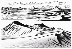 "Design a tattoo depicting a distant view of a vast desert landscape with low, undulating sand dunes. tattoo idea
