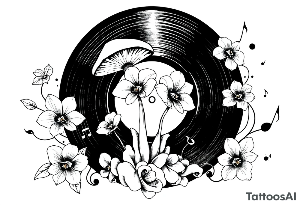 one black and white vinyl record with mushrooms, two orchids, and music notes around it tattoo idea