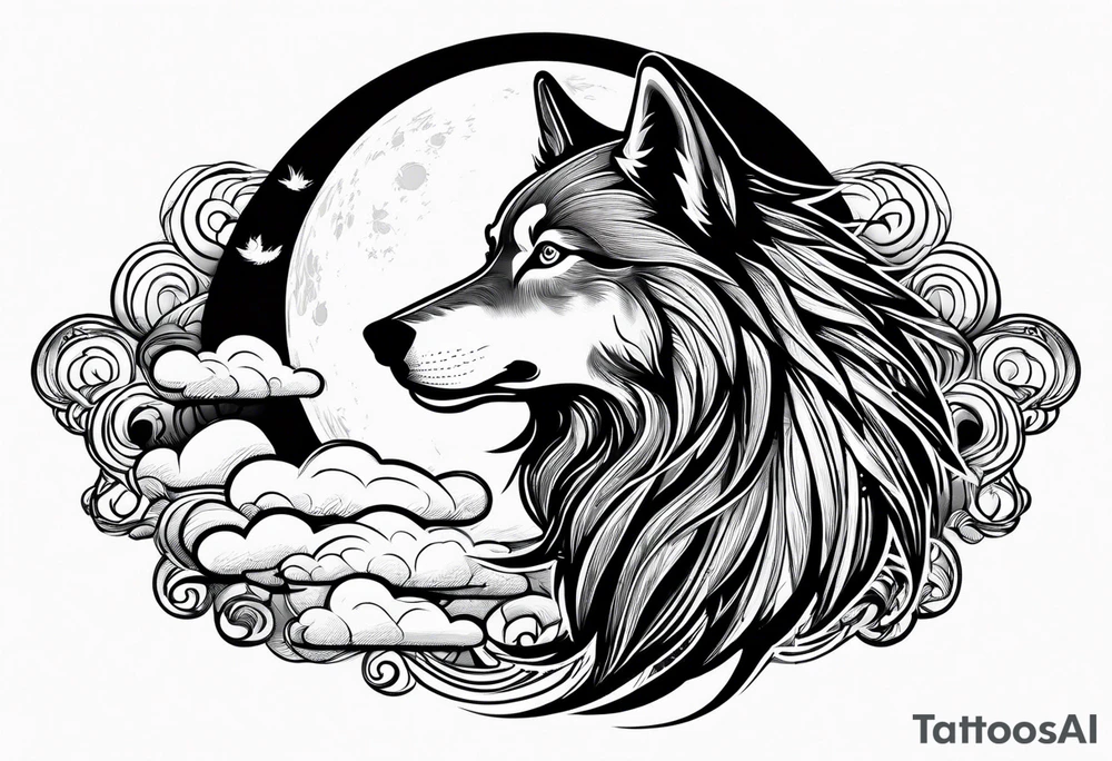 Wolf moon clouds dreads tattoo idea