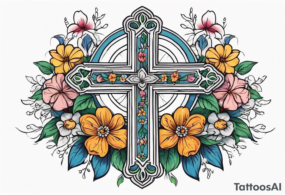 cross surrounded with flowers colorful tattoo idea