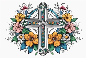 cross surrounded with flowers colorful tattoo idea