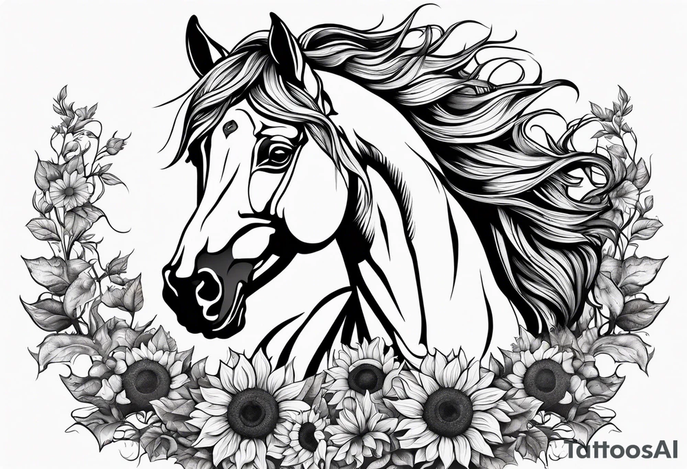 Realistic Horse, sunflower, and Yggdrasil tree tattoo idea