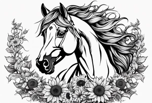 Realistic Horse,  sunflower, and Yggdrasil tree tattoo idea