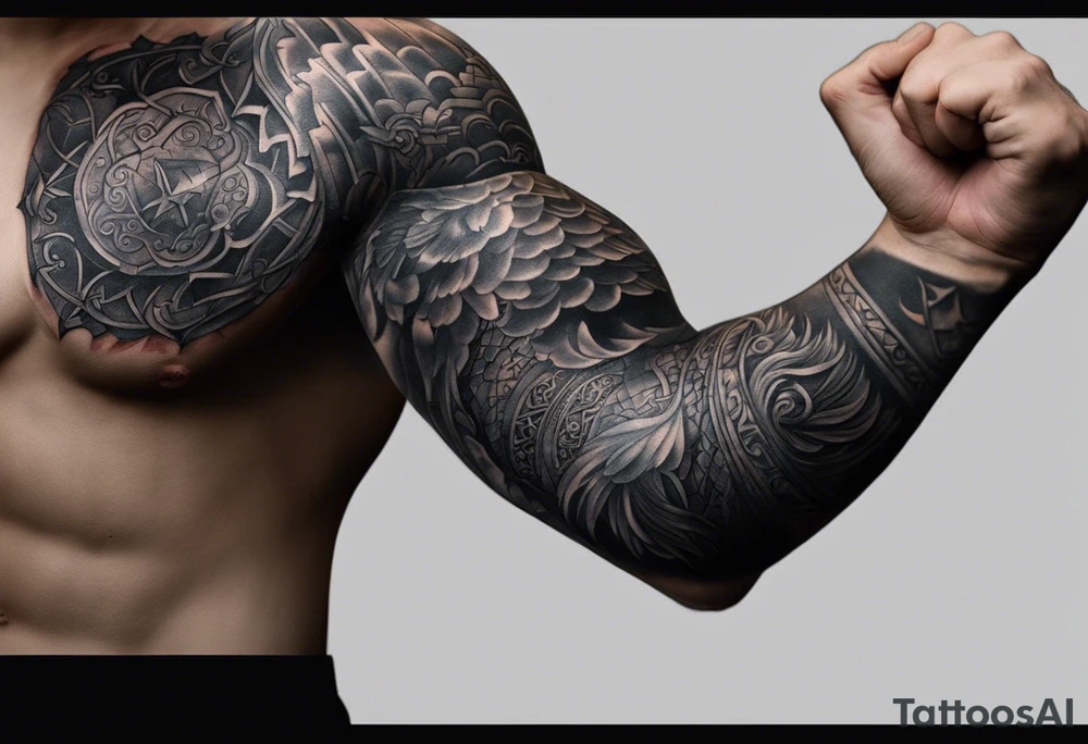 Certainly! Here's the updated description for a bicep and upper arm tattoo:

---

**Tattoo Description:**

**Design:** Black and gray detailed illustration.
**Location:** Bicep and upper arm.
**Concept:** Scene from Dante's Inferno, inspired by Gustave Doré's illustrations.

**Details:**

1. **Main Elements:**
   - A dark forest with towering trees and rocky terrain.
   - Two small figures standing at the entrance of a dark cave, symbolizing the descent into hell.
   
2. **Style:**
   - Detailed line work capturing the intricate details of the forest and rocky environment.
   - Black and gray shading to create depth and contrast, emphasizing the eerie and foreboding atmosphere.

**Overall Feel:**
   - A haunting and dramatic scene that evokes the mysterious and ominous journey through Dante's Inferno.

---

This version is tailored for the bicep and upper arm, providing a clear and concise vision for your tattoo artist. tattoo idea