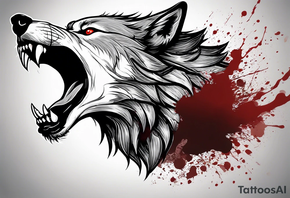 Create aggressive WOLF, with some blood coming out of his mouth and saliva. BLOOD IN THE BACKGROUND. Make it a drawing and use the image of reference. I am going to add. I want HIM TO BE ANGRY WITH RED EYES use VICIOUS WOLF THATS ANGRY tattoo idea