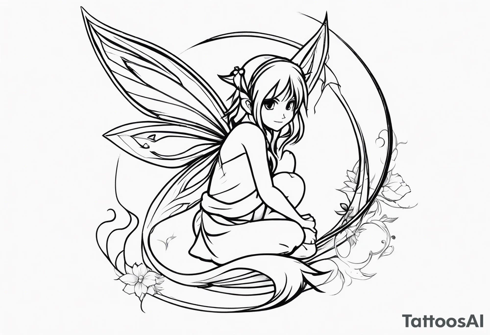 No background and no color sketch of a fairy with a tail inspired by the guild symbol in the anime show called Fairy Tail in a fetal position leaning in and forward while crawled in tattoo idea