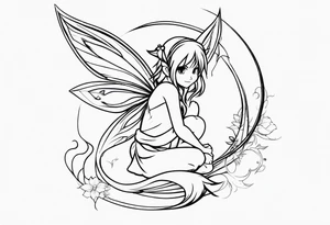 No background and no color sketch of a fairy with a tail inspired by the guild symbol in the anime show called Fairy Tail in a fetal position leaning in and forward while crawled in tattoo idea