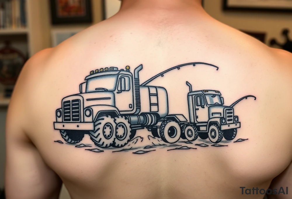 Tattoo with trucks, fishing and anime to representa sons tattoo idea
