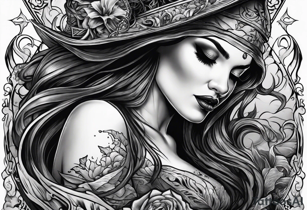 Full-body portrait of a morbidly beautiful Eldridge horror woman of the sea tattoo idea