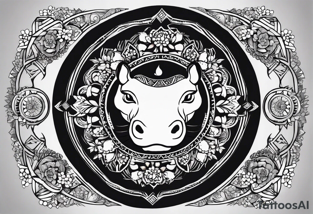 A foot long 2.5inches wide portrait orientation tattoo, containing a detailed hippo head with tribal patterns in the middle, a full moon on the upper side, and some wintersweet flowwer on the bottom side, these three components are connected with arches, lines, little geometric patterns, the lines will ne fine and narrow tattoo idea