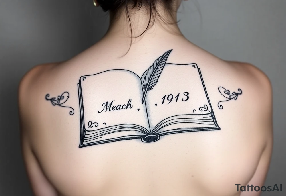An open book with a quill writing the wedding date tattoo idea An open book with a quill writing the wedding date tattoo idea