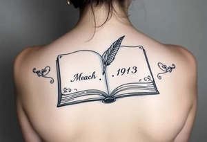 An open book with a quill writing the wedding date tattoo idea