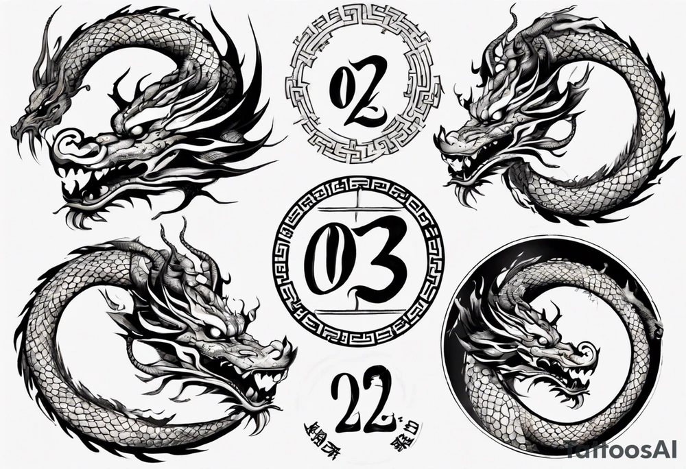 Chinese dragon in a circular shape with "02.03" written on its skin tattoo idea