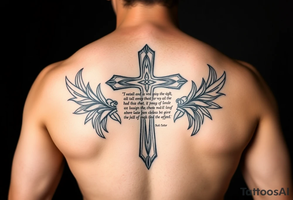 A cross with scripture surrounded by Micronesian tribal tattoo idea