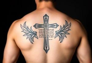 A cross with scripture surrounded by Micronesian tribal tattoo idea