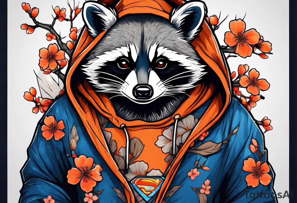 raccoon wearing a Superman hoodie with orange Japanese cherry blossoms tattoo idea