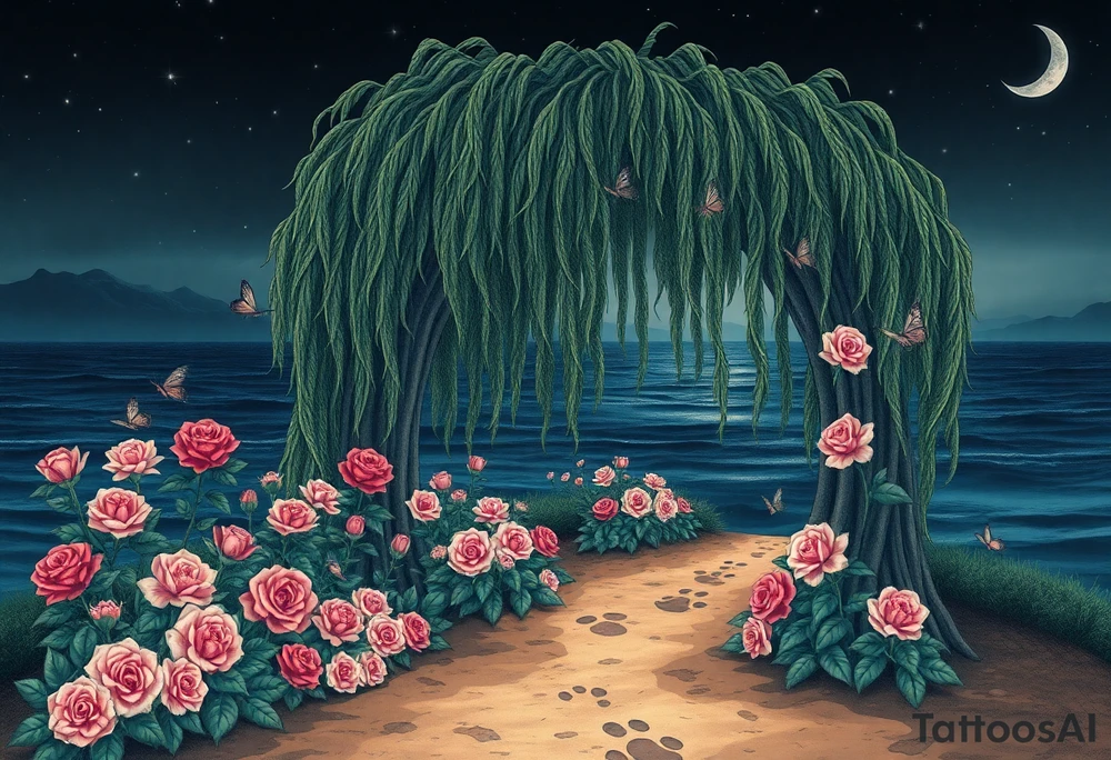 Night time. Ocean.  weeping willow garden with roses and lilies flower beds, fairies, mermiads, dragons butterflies,  cat paw prints path in dirt. tattoo idea