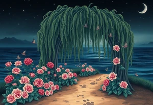 Night time. Ocean.  weeping willow garden with roses and lilies flower beds, fairies, mermiads, dragons butterflies,  cat paw prints path in dirt. tattoo idea