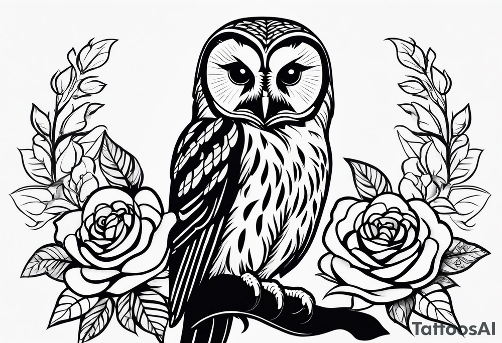 Barred owl with a single rose tattoo idea