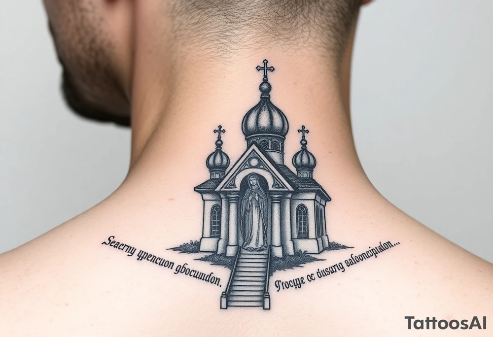 rusian orthodox domes church with a virgin mary in a russian rural village with Church Slavonic script or Cyrillic text — a prayer or meaningful phrase running along the sides tattoo idea