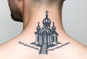 rusian orthodox domes church with a virgin mary in a russian rural village with Church Slavonic script or Cyrillic text — a prayer or meaningful phrase running along the sides tattoo idea