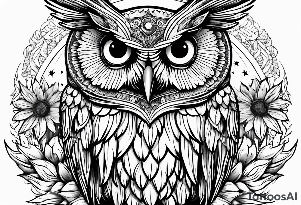 Owl with sunflower body and angel wings tattoo idea