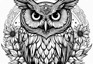 Owl with sunflower body and angel wings tattoo idea