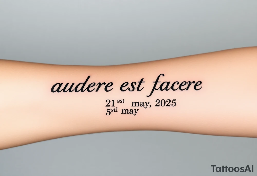 Do a tattoo on a guys forearm with the text ”audere est facere” and ” 21 st may 2025 ” under the text tattoo idea