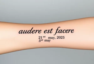 Do a tattoo on a guys forearm with the text ”audere est facere” and ” 21 st may 2025 ” under the text tattoo idea