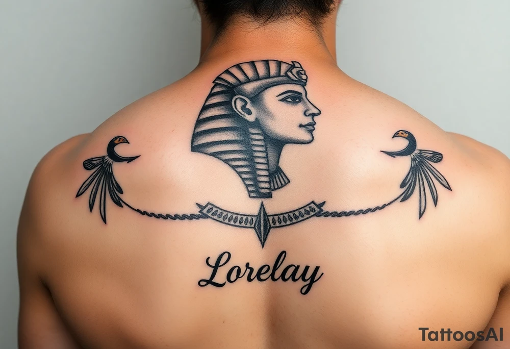 Crea un diseño significativo sobre la cultura egipcia y que tenga el nombre escrito por de bajo del diseño el nombre de mi hermana Lorelay para la parte baja del bíceps tattoo idea