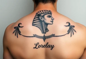 Crea un diseño significativo sobre la cultura egipcia y que tenga el nombre escrito por de bajo del diseño el nombre de mi hermana Lorelay para la parte baja del bíceps tattoo idea