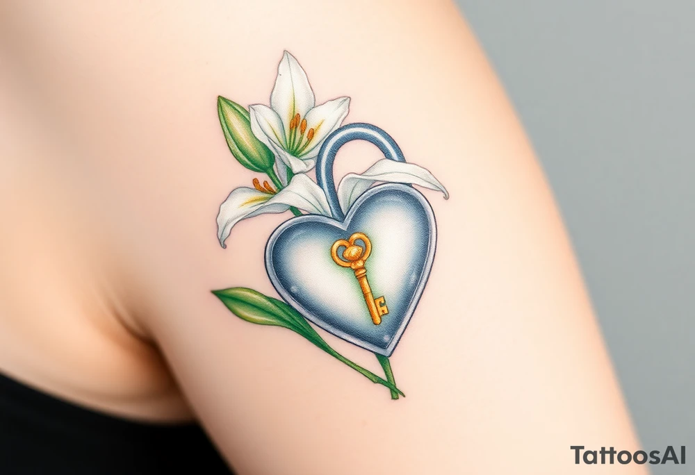 A delicate white lily growing around a silver heart-shaped lock, with a golden key embedded in the petals tattoo idea