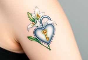 A delicate white lily growing around a silver heart-shaped lock, with a golden key embedded in the petals tattoo idea