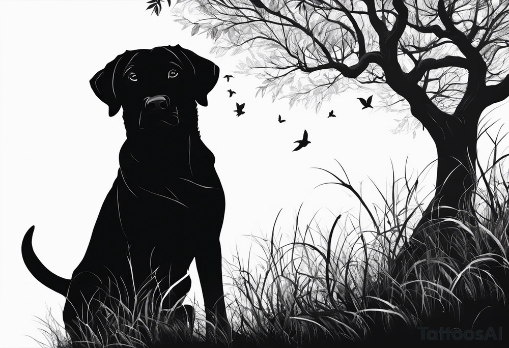 Silouette of a black lab under a bending tree. Wrist size tattoo idea