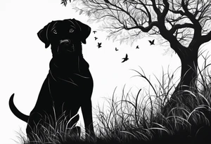 Silouette of a black lab under a bending tree. Wrist size tattoo idea