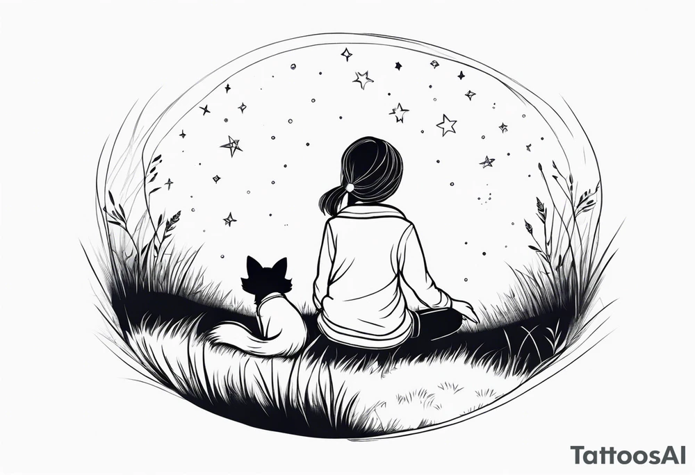 sitting from behind looking at the stars, a little girl and a fox sitting in the grass tattoo idea