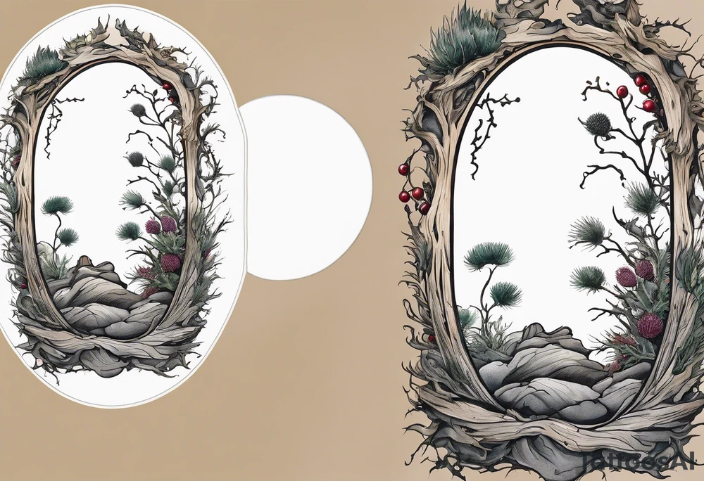 An oval frame of driftwood and seaweed with a thistle at the bottom of the frame and holly berries. The framed image is of a cliffside beside the sea. tattoo idea