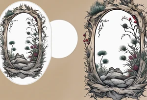 An oval frame of driftwood and seaweed with a thistle at the bottom of the frame and holly berries. The framed image is of a cliffside beside the sea. tattoo idea