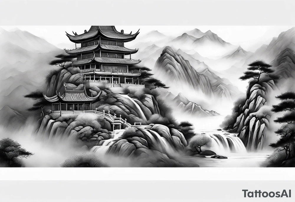 forearm sleeve traditional chinese art painting style Chinese temple two old men wearing robes and drinking tea mountains mist fog waterfall tattoo idea