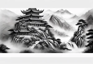 forearm sleeve traditional chinese art painting style Chinese temple two old men wearing robes and drinking tea mountains mist fog waterfall tattoo idea