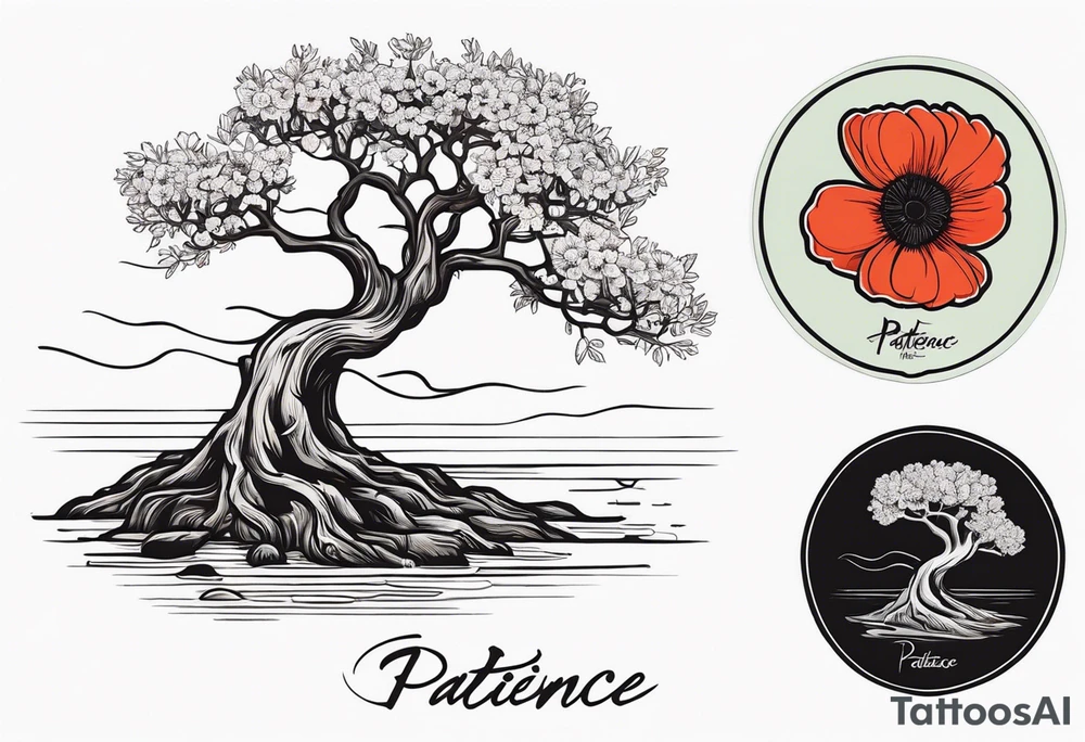 And olive tree with exposed roots, writing out “patience” in Korean, next to a tree stump with exposed rings, and a small Poppy flower growing out of the ground tattoo idea